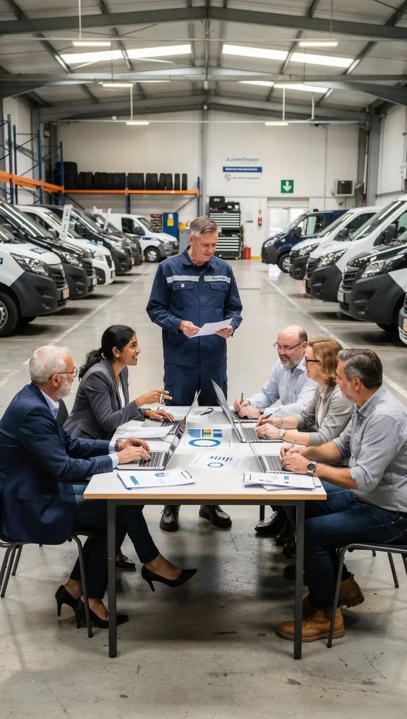 Flottenfahrzeuge eines kleinen Unternehmens auf einem Parkplatz mit Versicherungspapieren im Vordergrund.