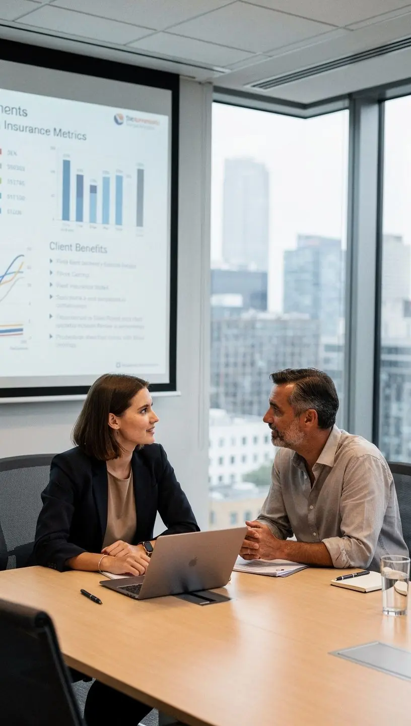 Versicherungsexperte berät Unternehmer in einem Büro über Fahrzeugflottenversicherung und Offline-Verwaltung.